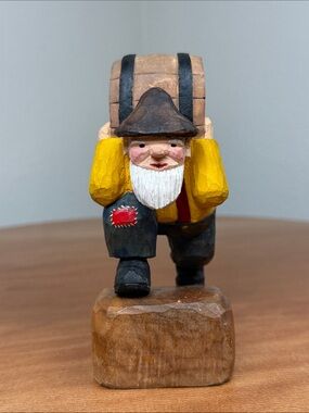 Vintage Carved Wooden Man with a Beard Carrying a Barrel Painted Figure Folk Art